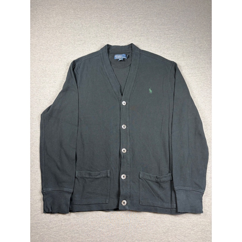Polo Ralph Lauren Cardigan Sweater XL Black Pique Cotton Preppy Academia